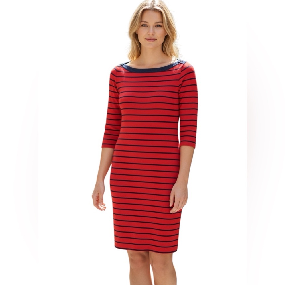 TOMMY HILFIGER BOATNECK STRIPED RED DENIM STRETCH KNIT DRESS XS